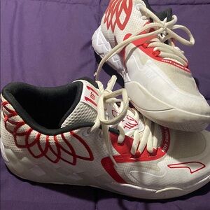 Puma Red and White Athletic Shoes with Swirl Design